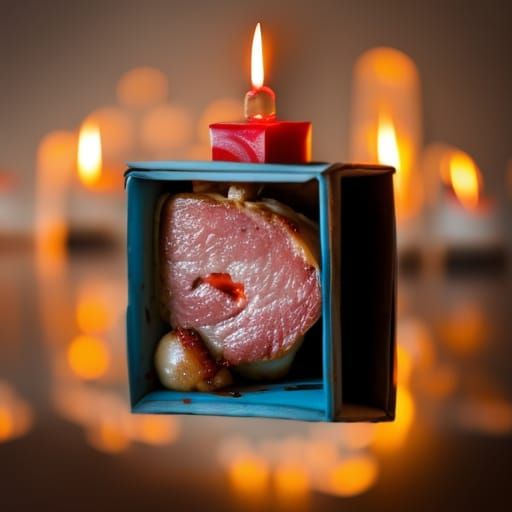 Box of meat with a candle on top