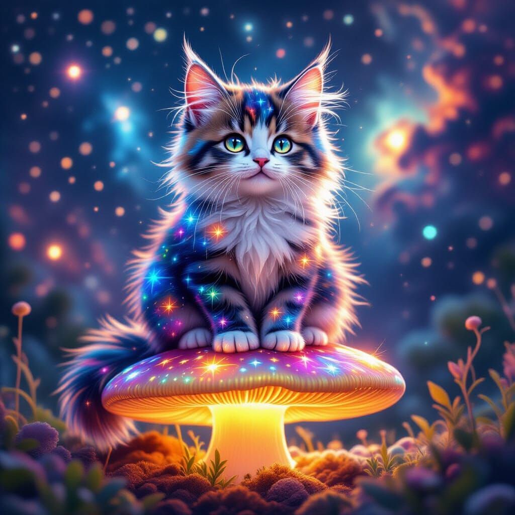 Cosmic Cat on Bioluminescent Mushroom in Nebula
