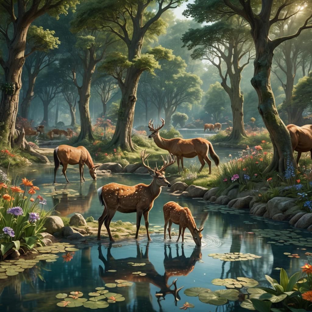 Deer and Horses at Pond in Fantasy Forest