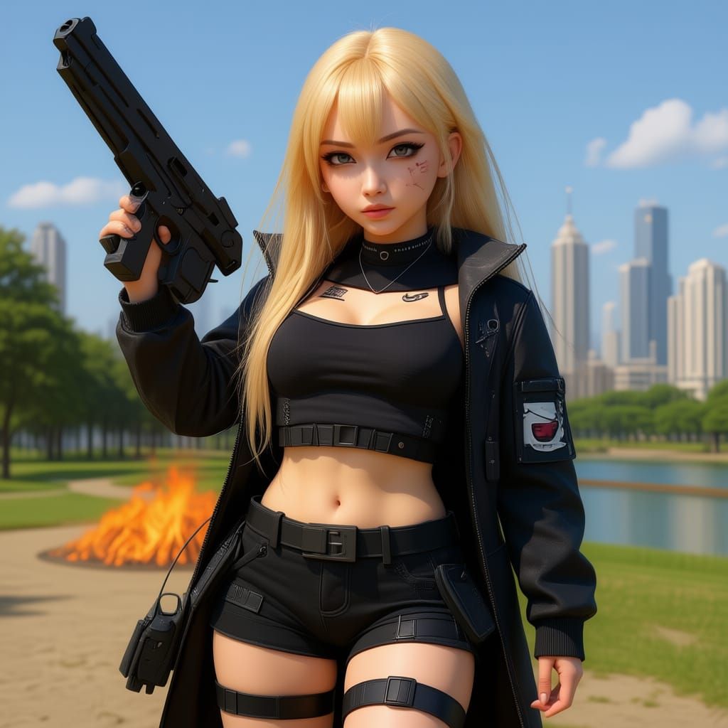 Cute Yet Dangerous Anime Girl With Guns in Cyberpunk Style