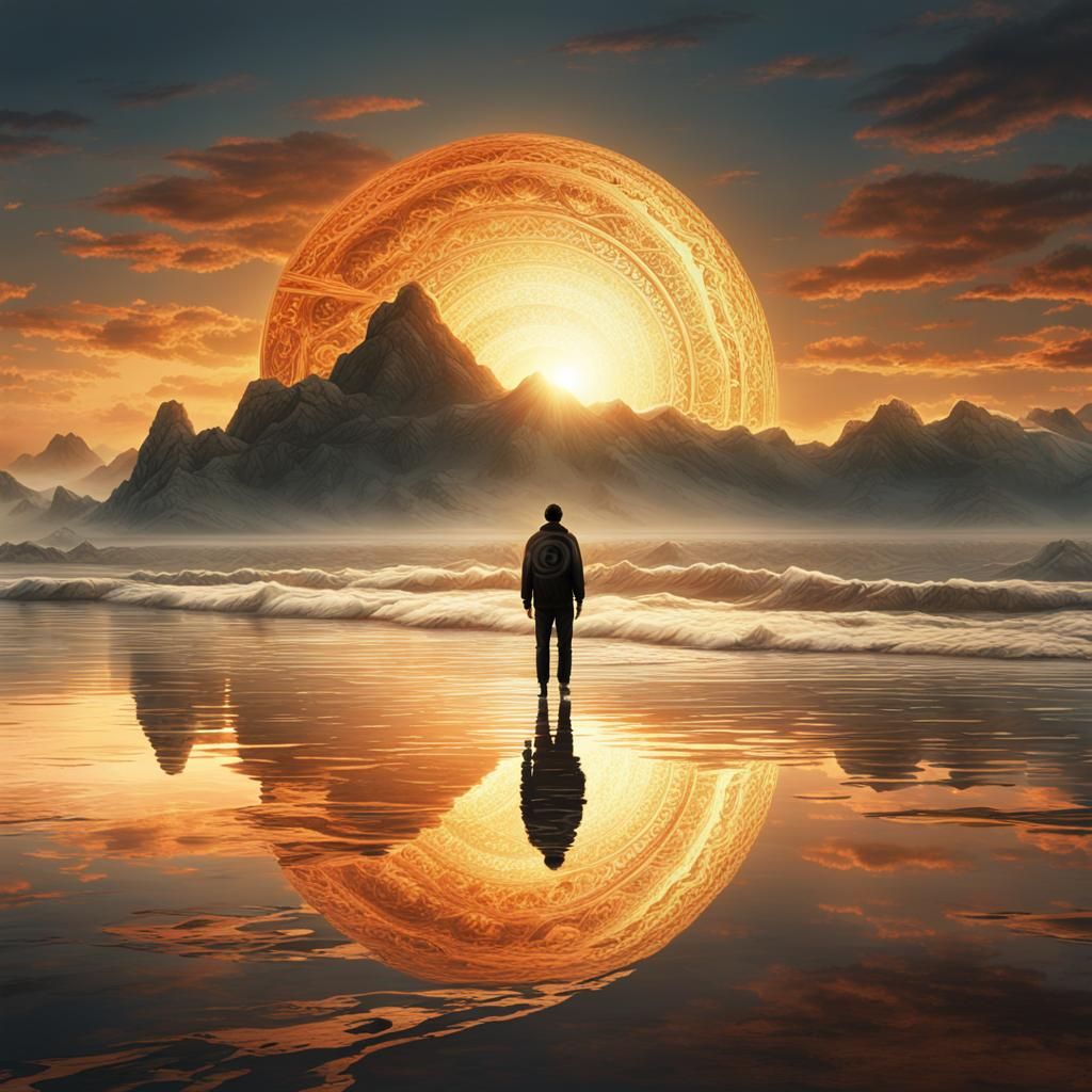 Beach Sunrise Reflection: Detailed Digital Art