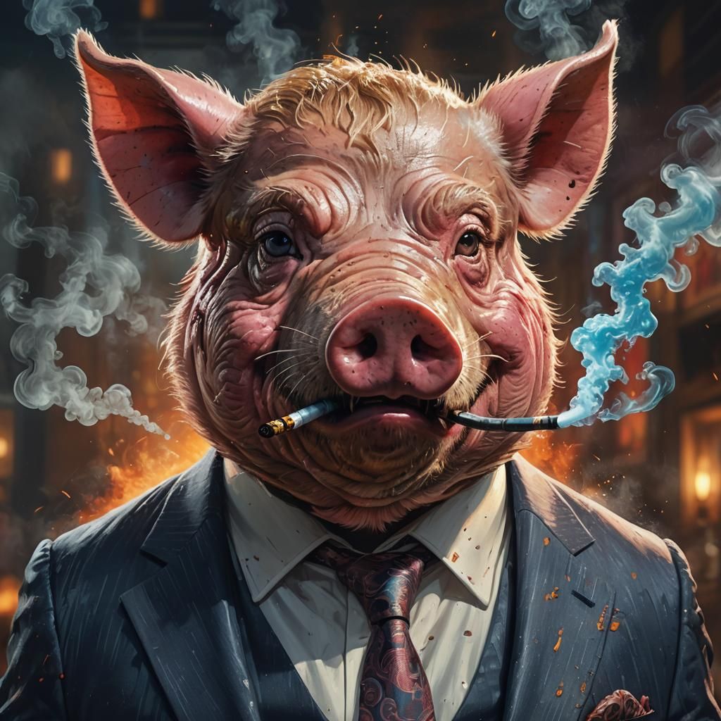 Evil Pig in Suit Vaping, Hyperrealistic Digital Art