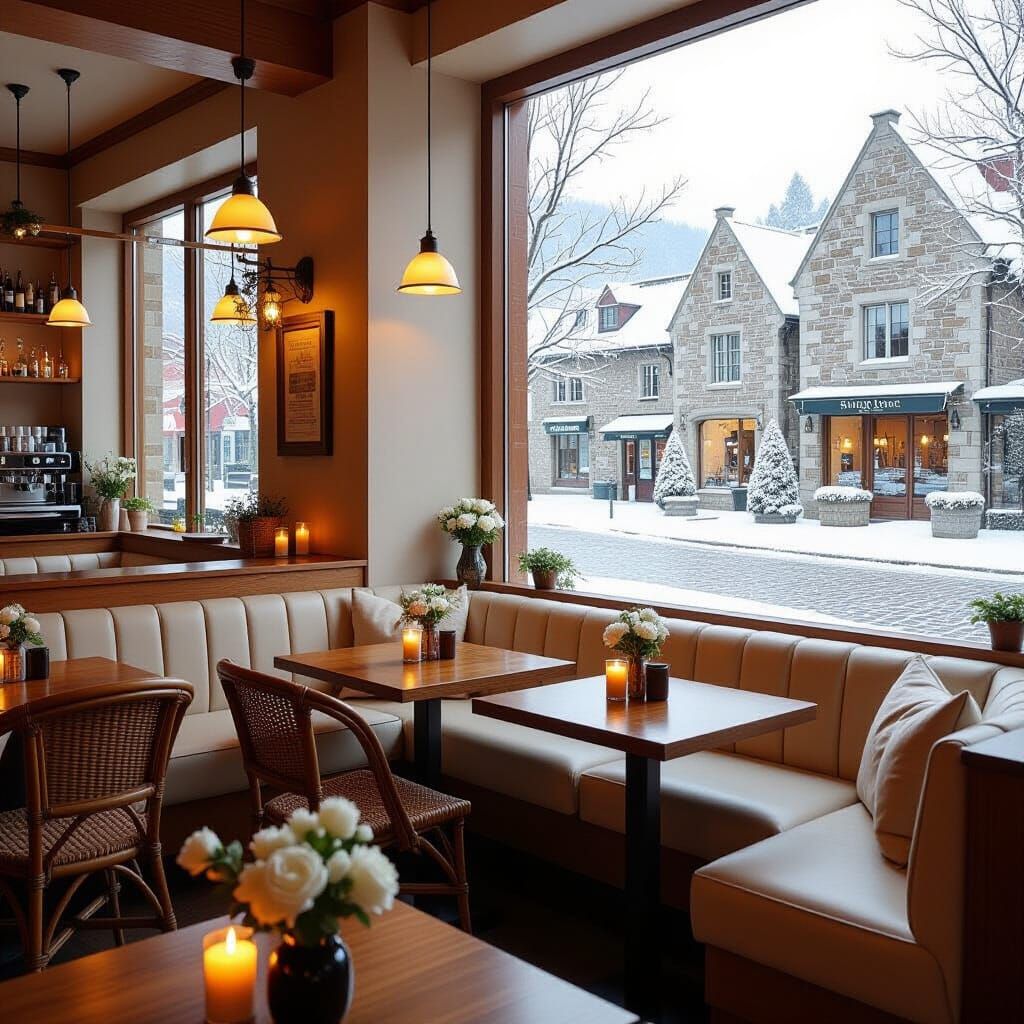 Cozy Cafe Overlooking Snowy Winter Scene