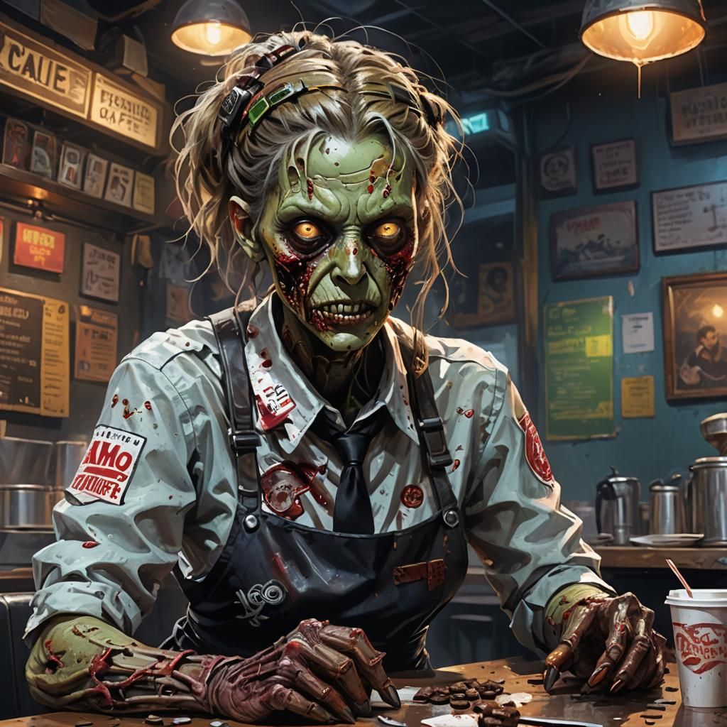Brain-Hungry Cyborg Zombie Waitress in Dystopian Cafe