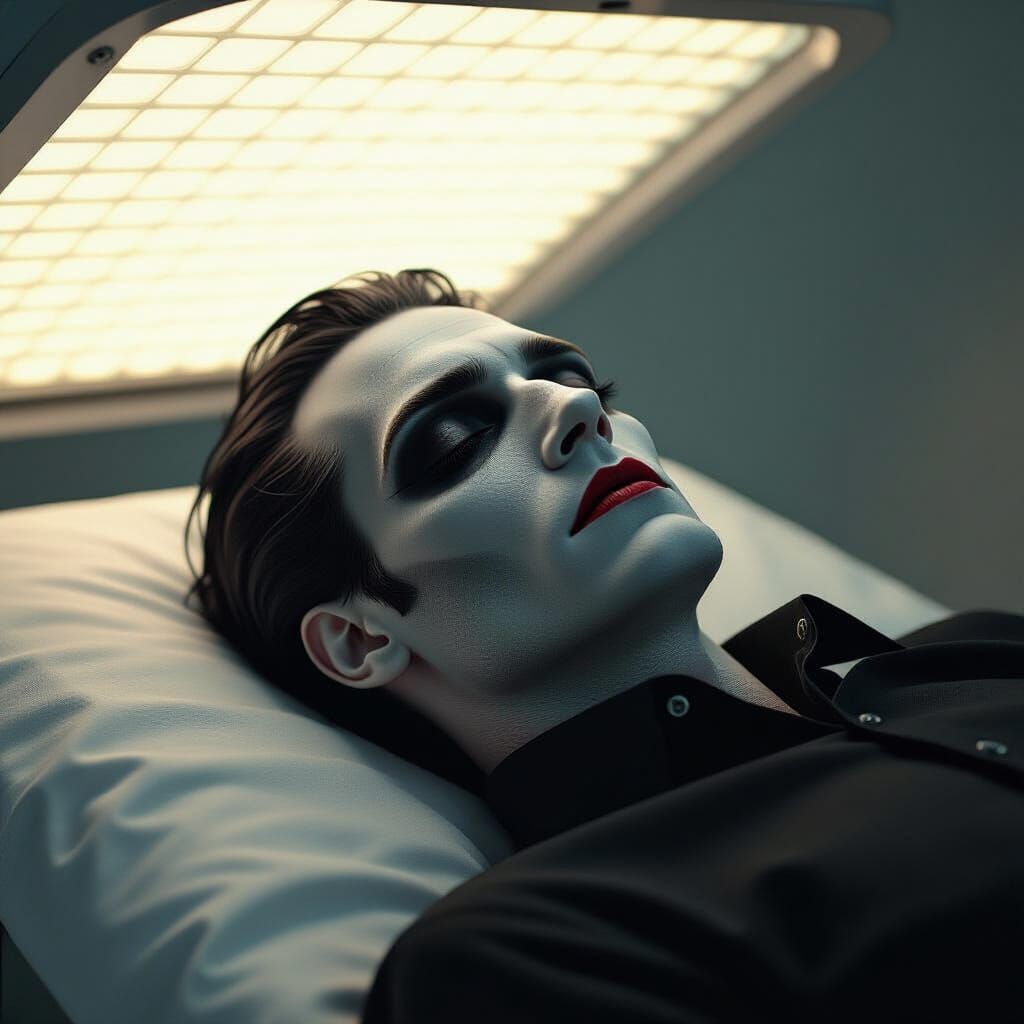 Pale Vampire Basking Under Tanning Bed Light