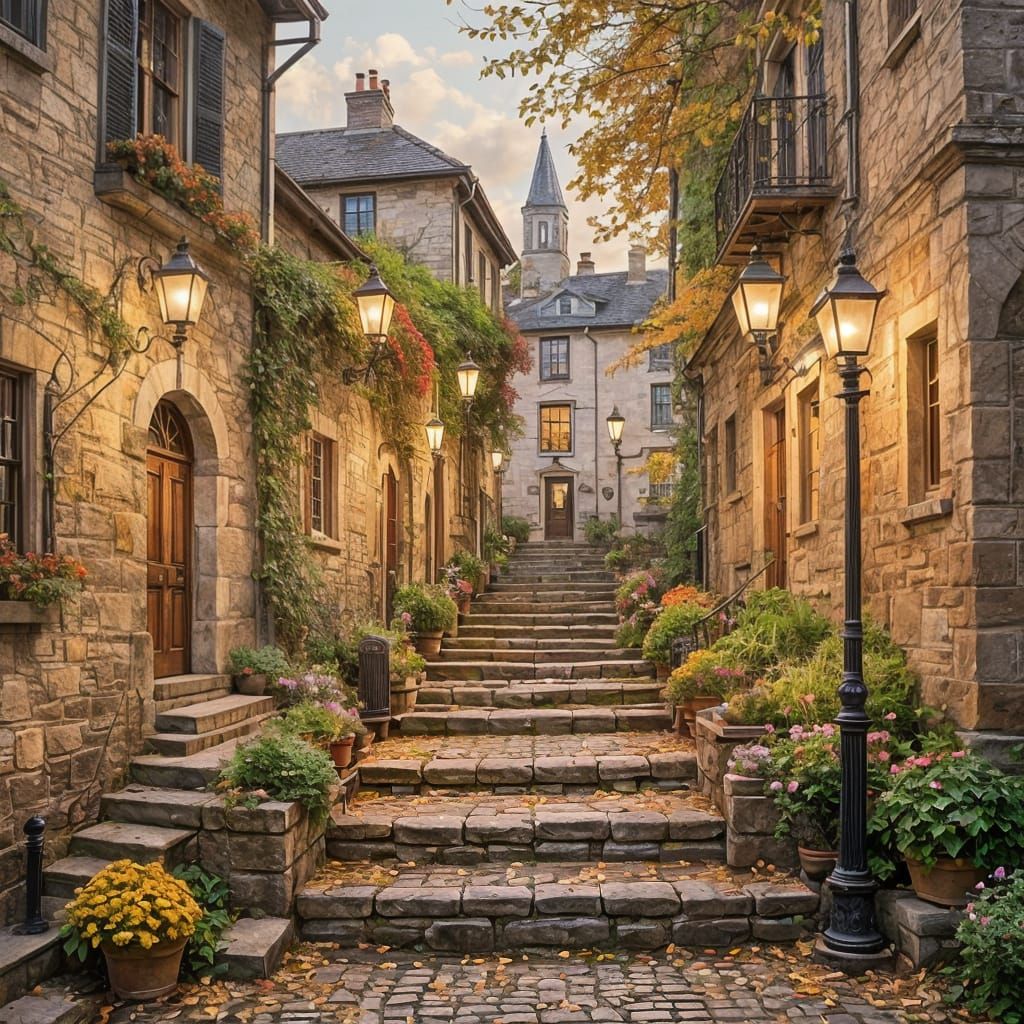 Autumn Cobblestone Steps Under Vintage Street Lamps