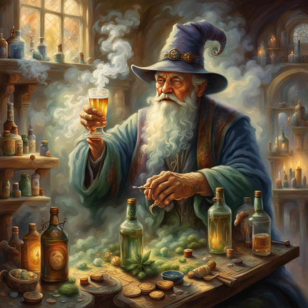 Four-Armed Mage Smoking Joint in Ethereal Fantasy Style