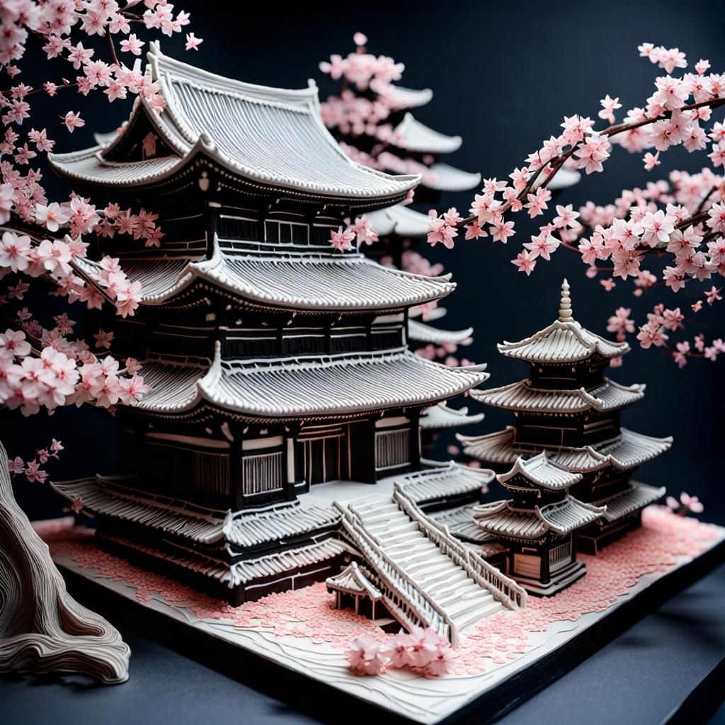 Japanese Temple Cake Sculpture with Sakura