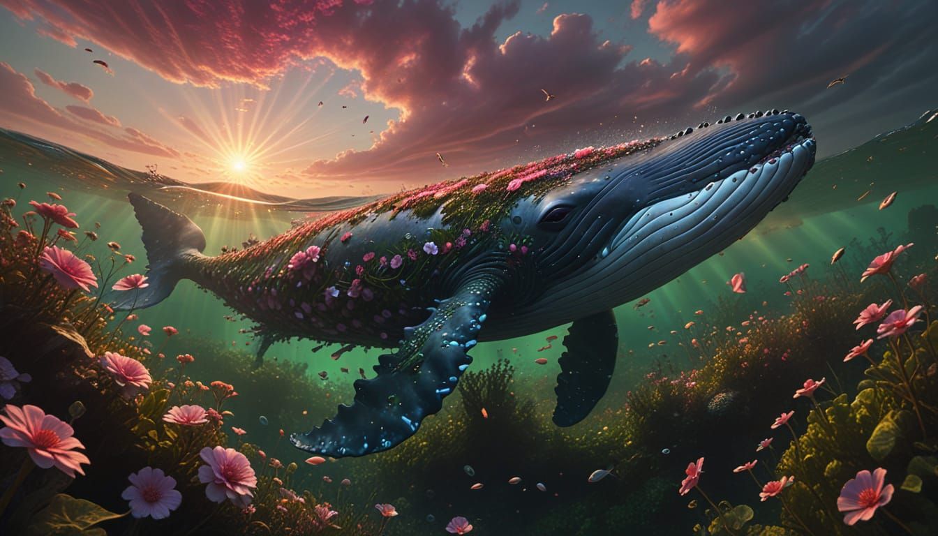 Digital matte painting. Wide angle. A whale covered in flowers and leaves swims underwater. Naoto Hattori style. Softly ...
