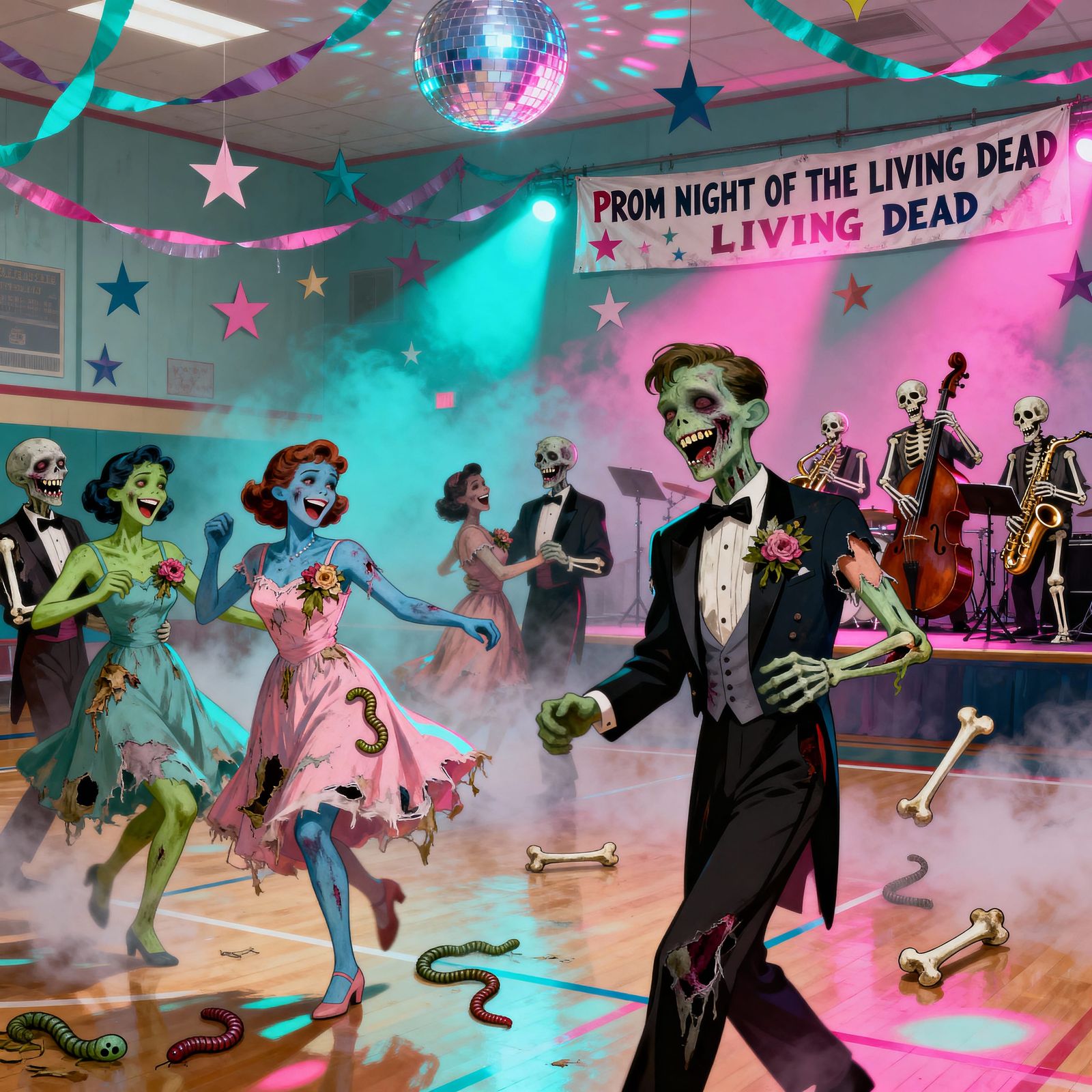 Hilarious 1950s Zombie Prom Night in Pastel Neon
