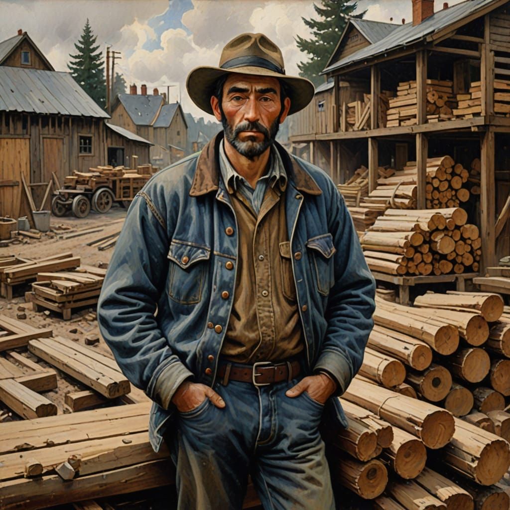 Weathered Lumber Worker in a Rustic Yard