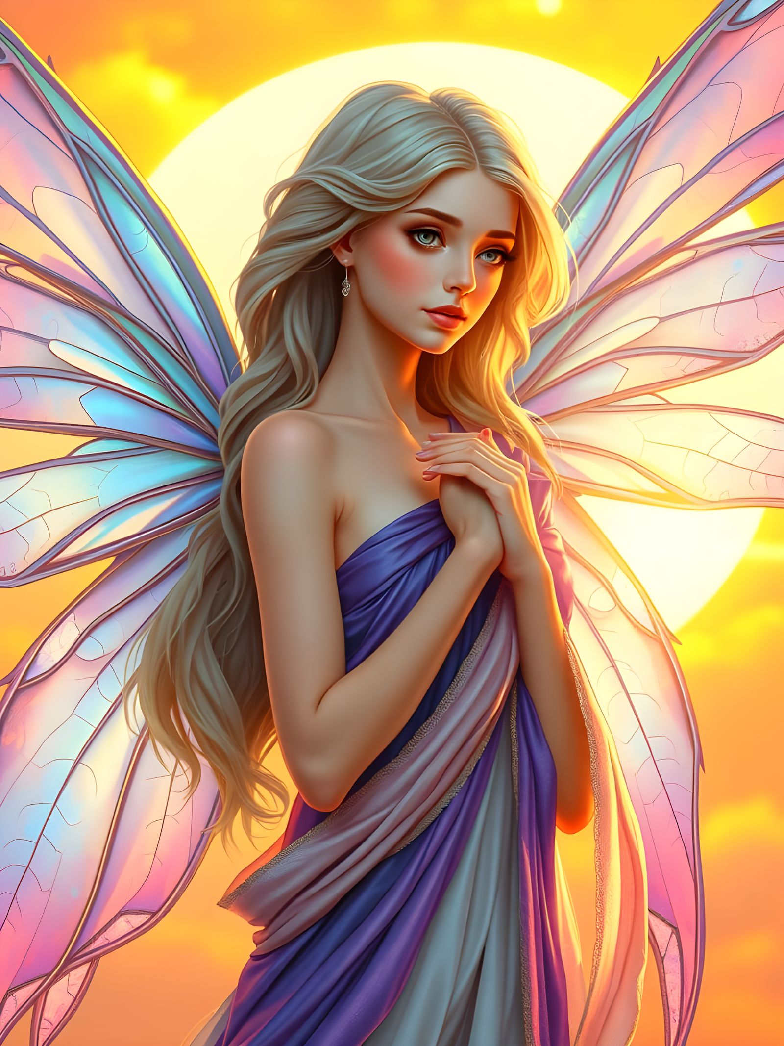 Angelic Fairy in Art Nouveau Style at Sunset