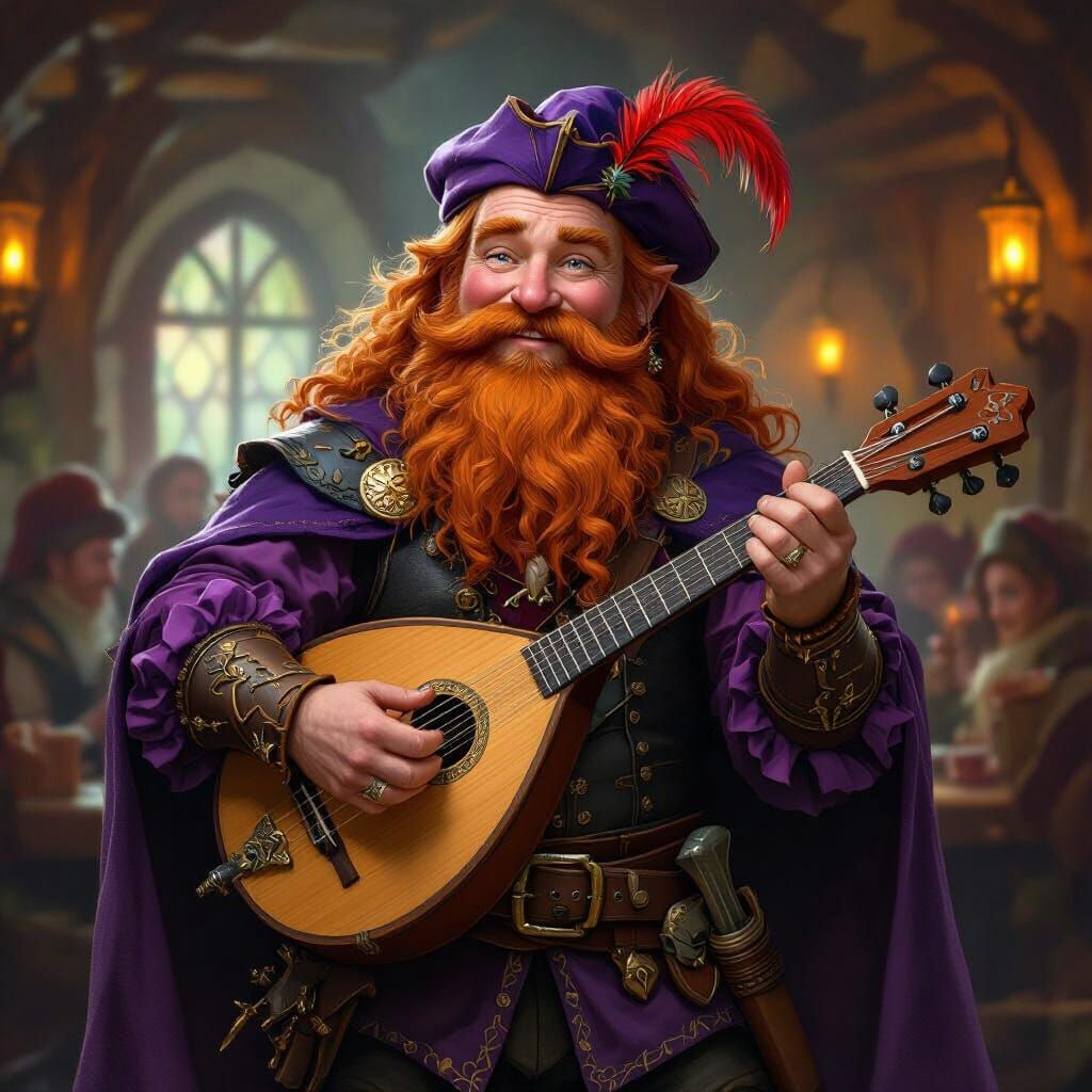 Dwarf Bard Performs in Cozy Tavern, Fantasy Art