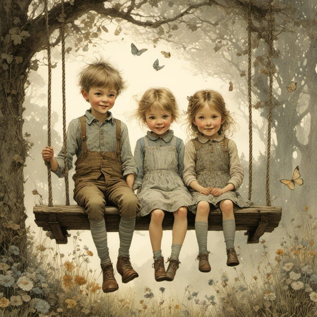 Charming Siblings Laughing in Evening Light, Mixed Media Sty...