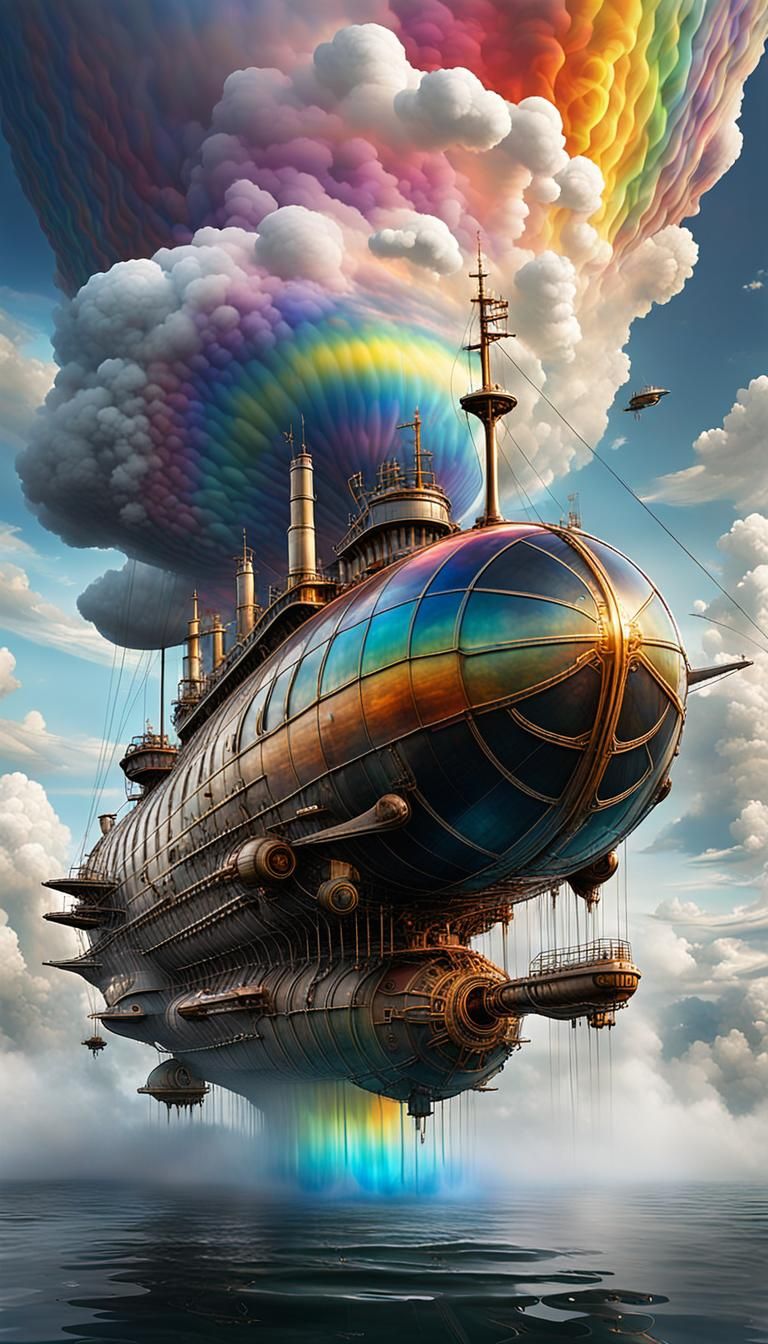 Steampunk Airship Submarine Emerges from Fluid Lake