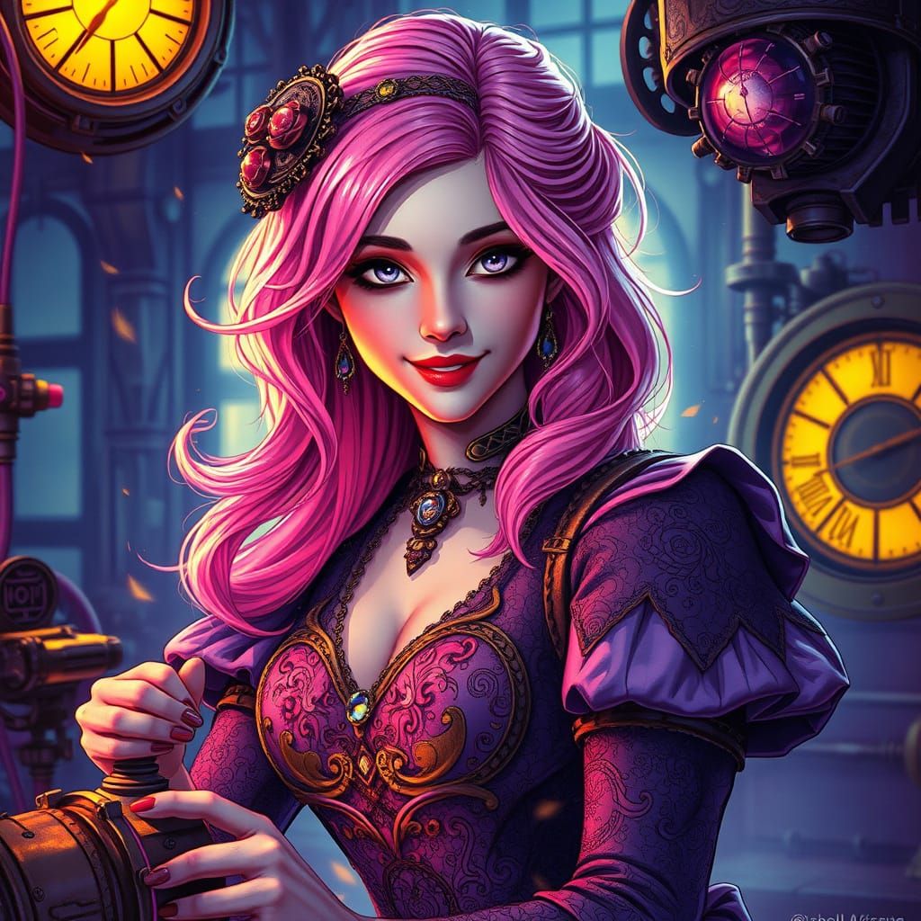 Steampunk Woman Tinkering with Machine in Dark Fantasy Style