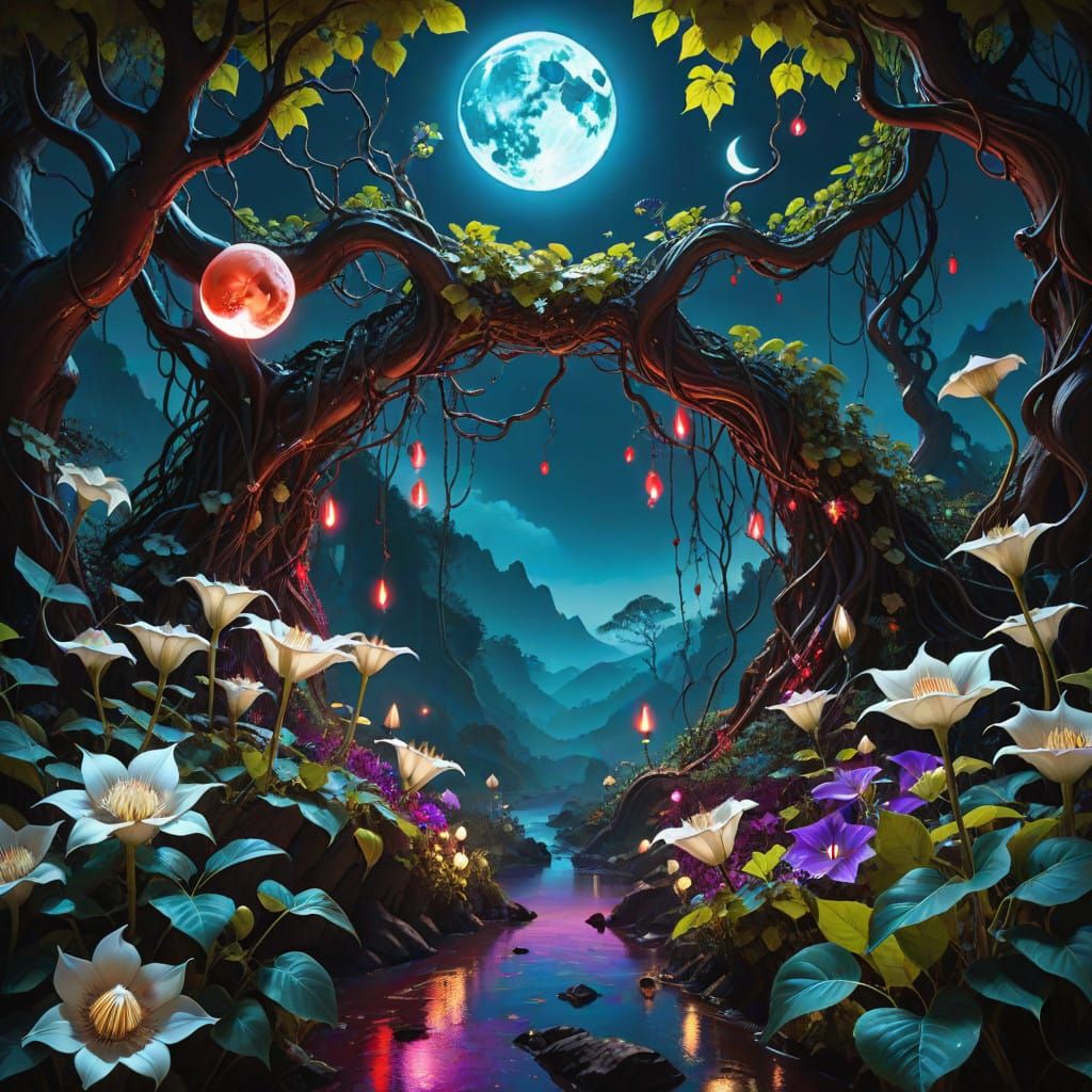 Surreal Blood Moon Illuminates Dreamlike Forest Landscape wi...