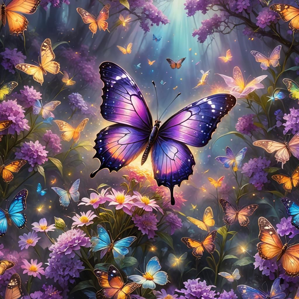 Luminescent Rainbow Butterfly on Flower, Ethereal Fantasy