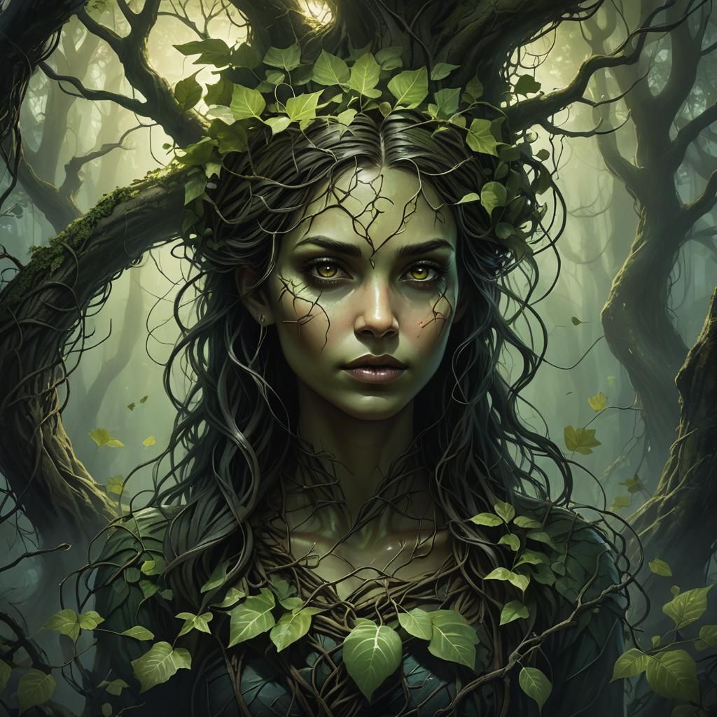 Mystical Girl with Seedling in Dark Fantasy Forest