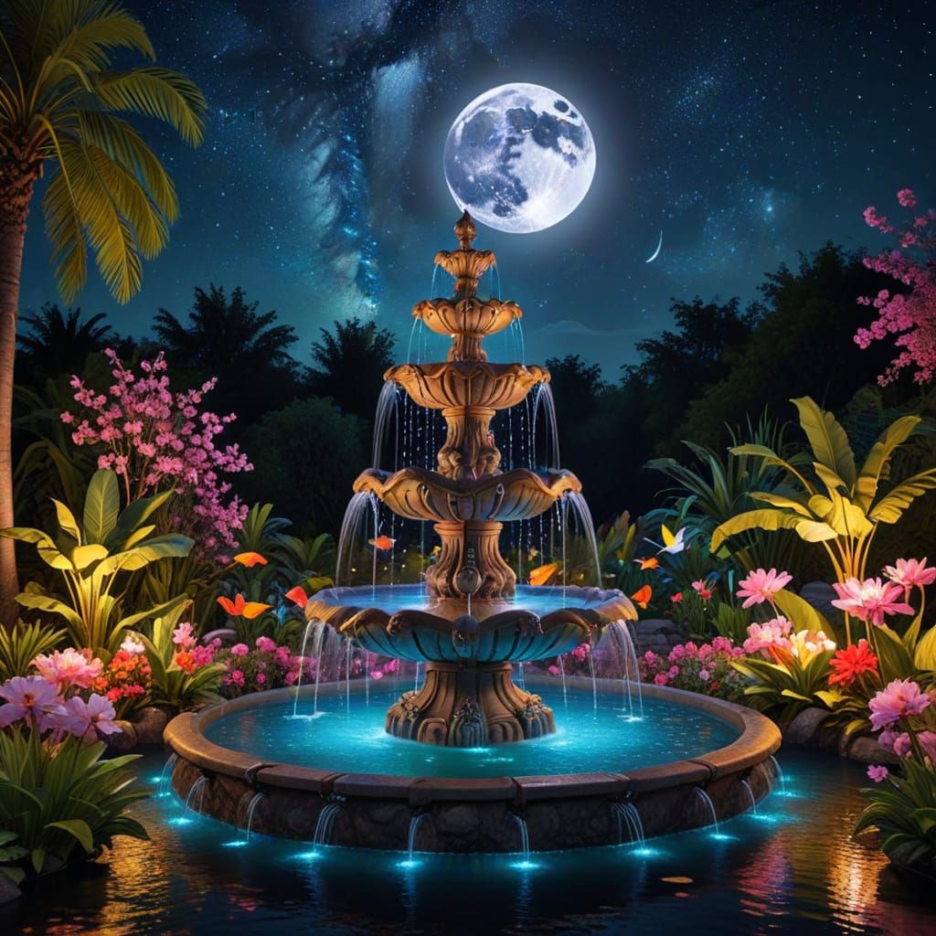 Illuminated Whimsical Fountain at Night: Neon Masterpiece