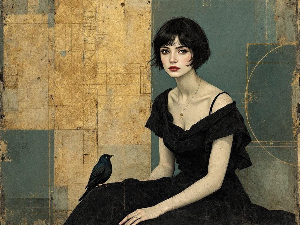 Contemplative Woman with Bird: Mixed-Media Collage