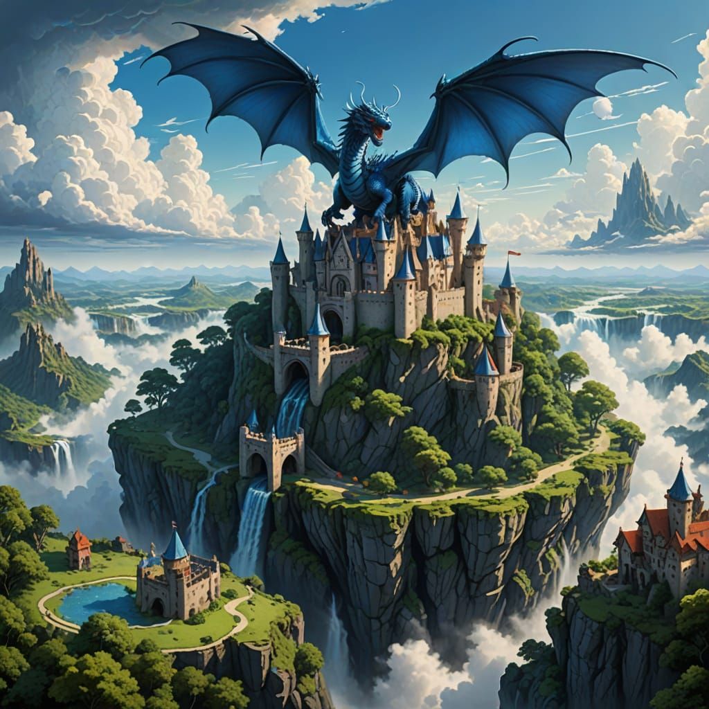 Floating Island Castle with Dragon in Epic Fantasy Scene