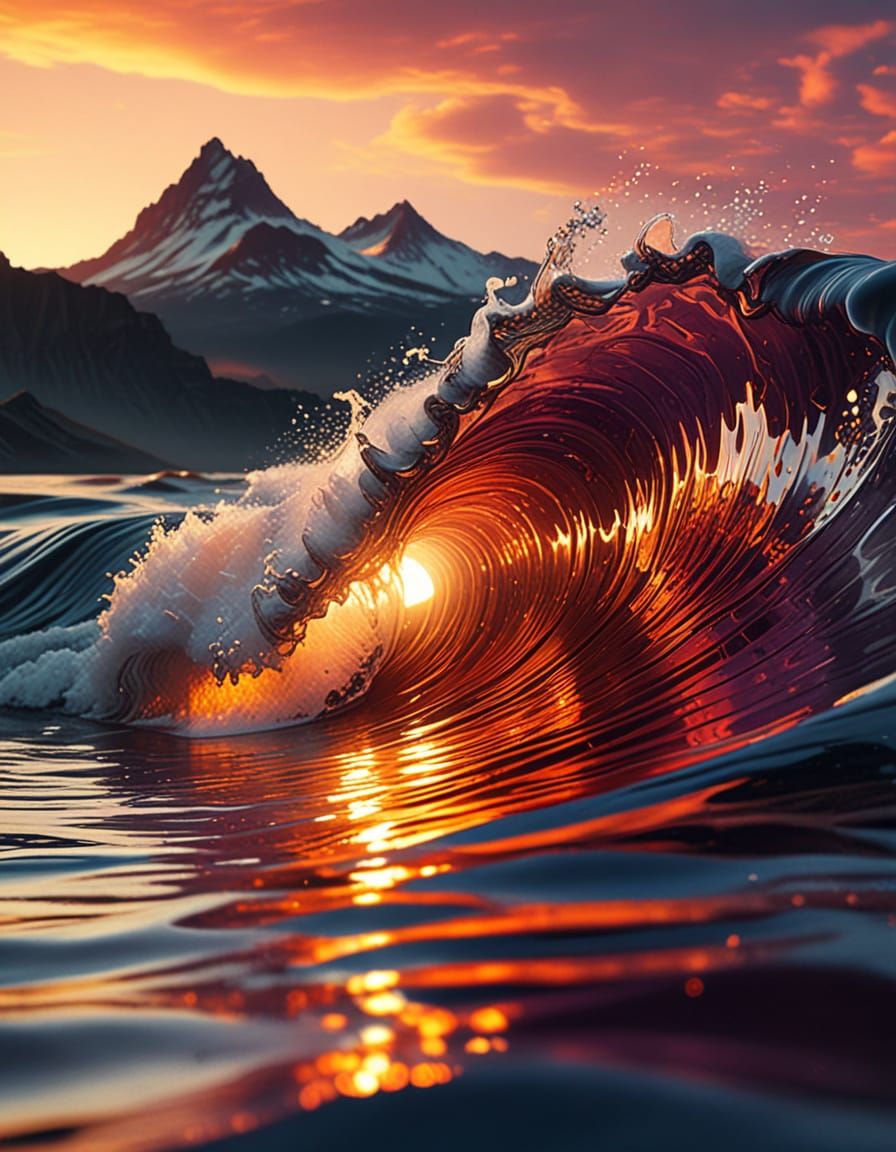 Glassy Wave Cresting at Sunset in 3D