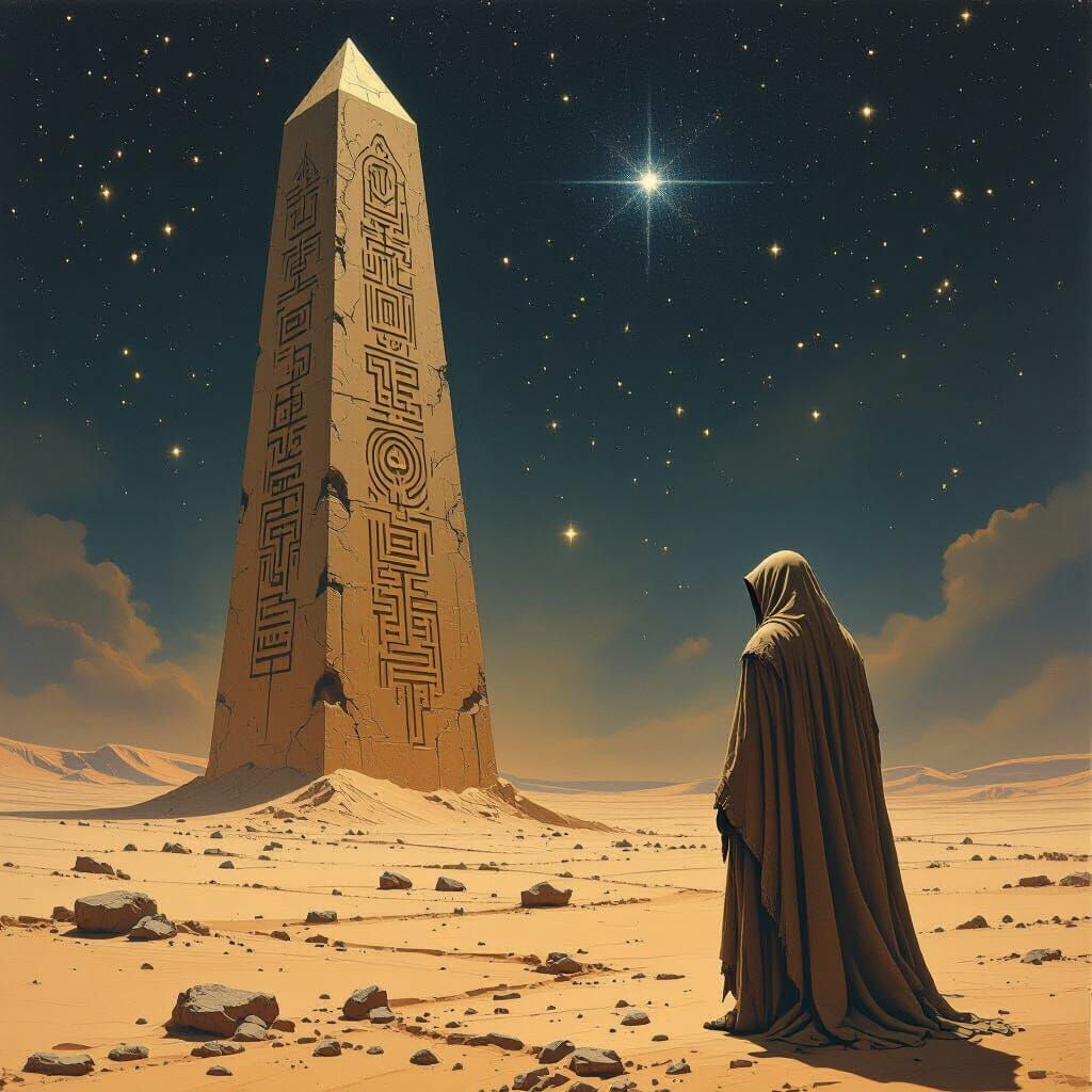 Hooded Figure and Alien Obelisk in Surreal Style