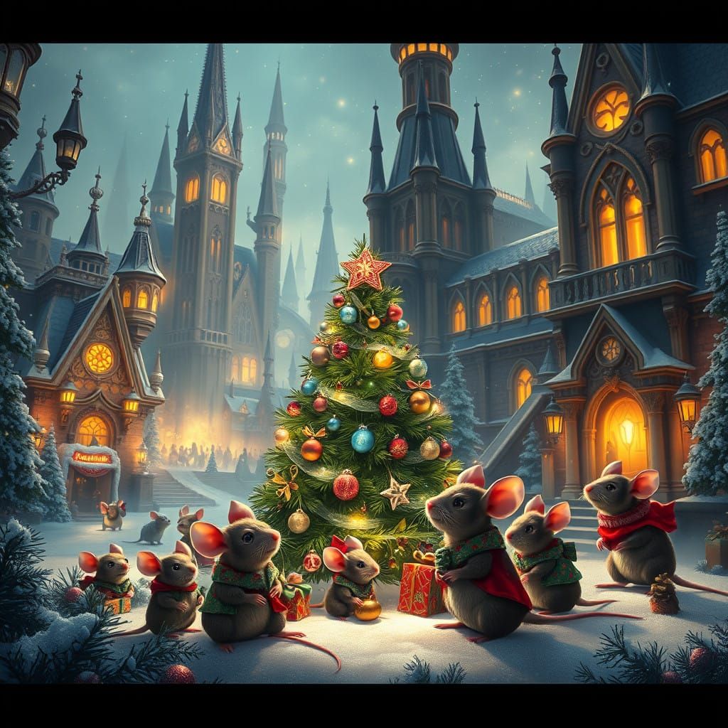 Whimsical Christmas Cityscape with Adorable Rats