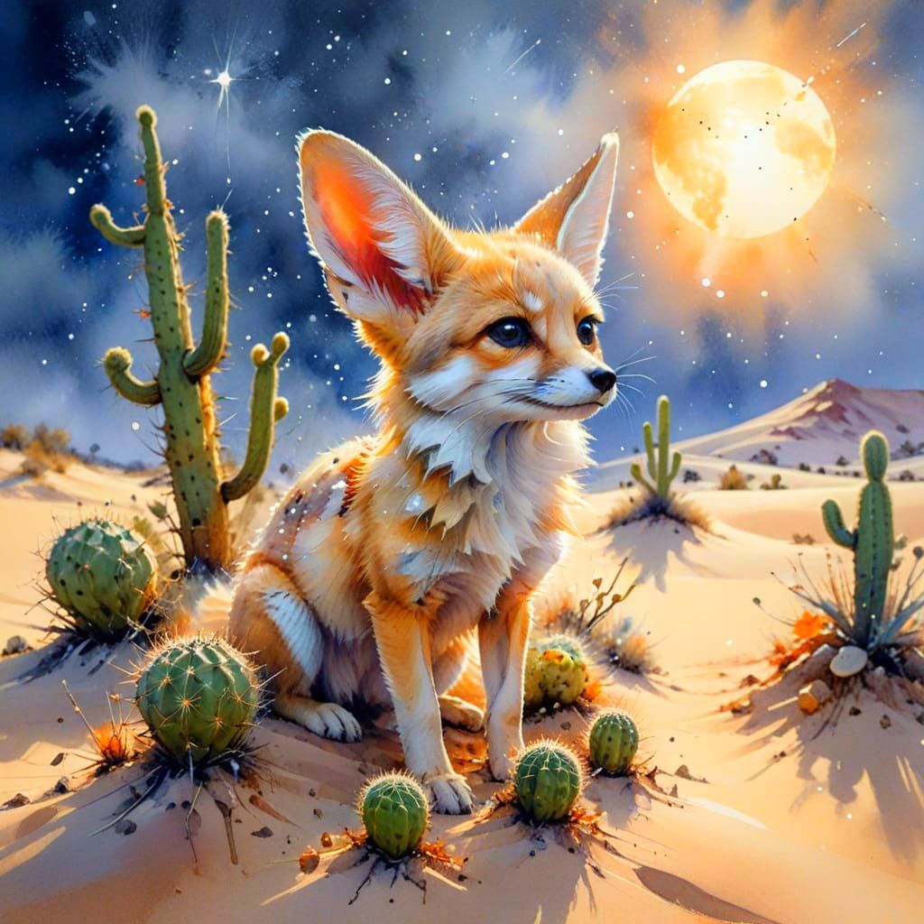 Fennec Fox on Moonlit Dune in Watercolour Style