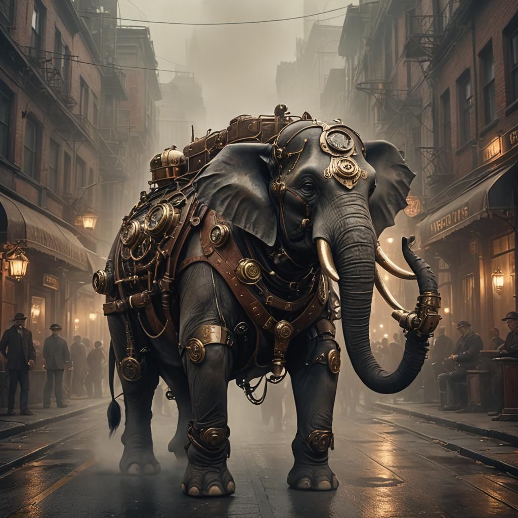 Steampunk Elephant in Foggy Street, Detailed Concept Art