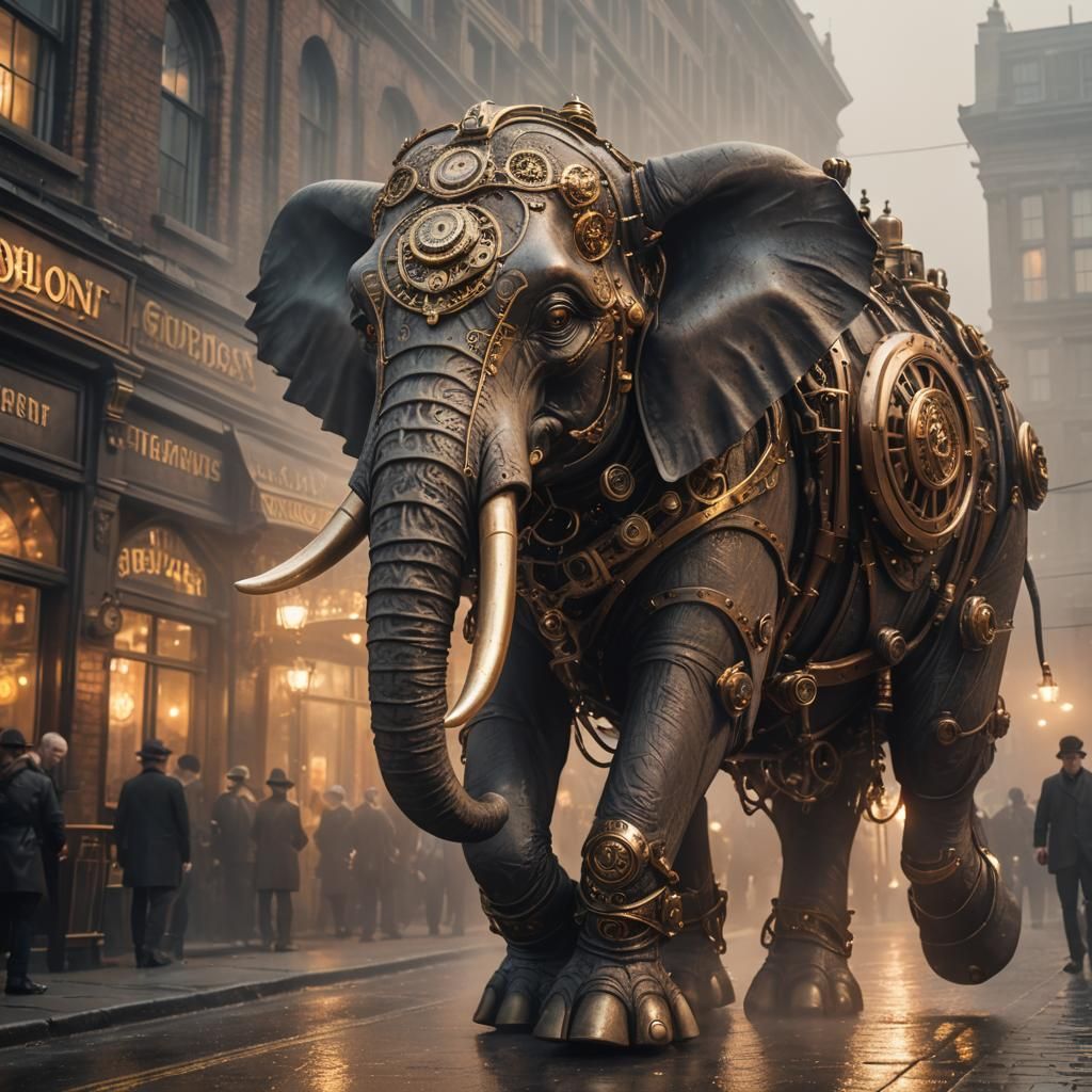 Steampunk Elephant in Foggy London Street