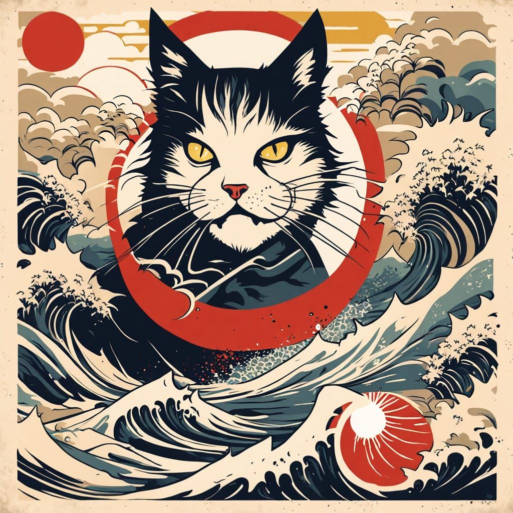 Japanese Tuxedo Cat in a Fierce Selfie, Inspired by Ukiyo-e ...
