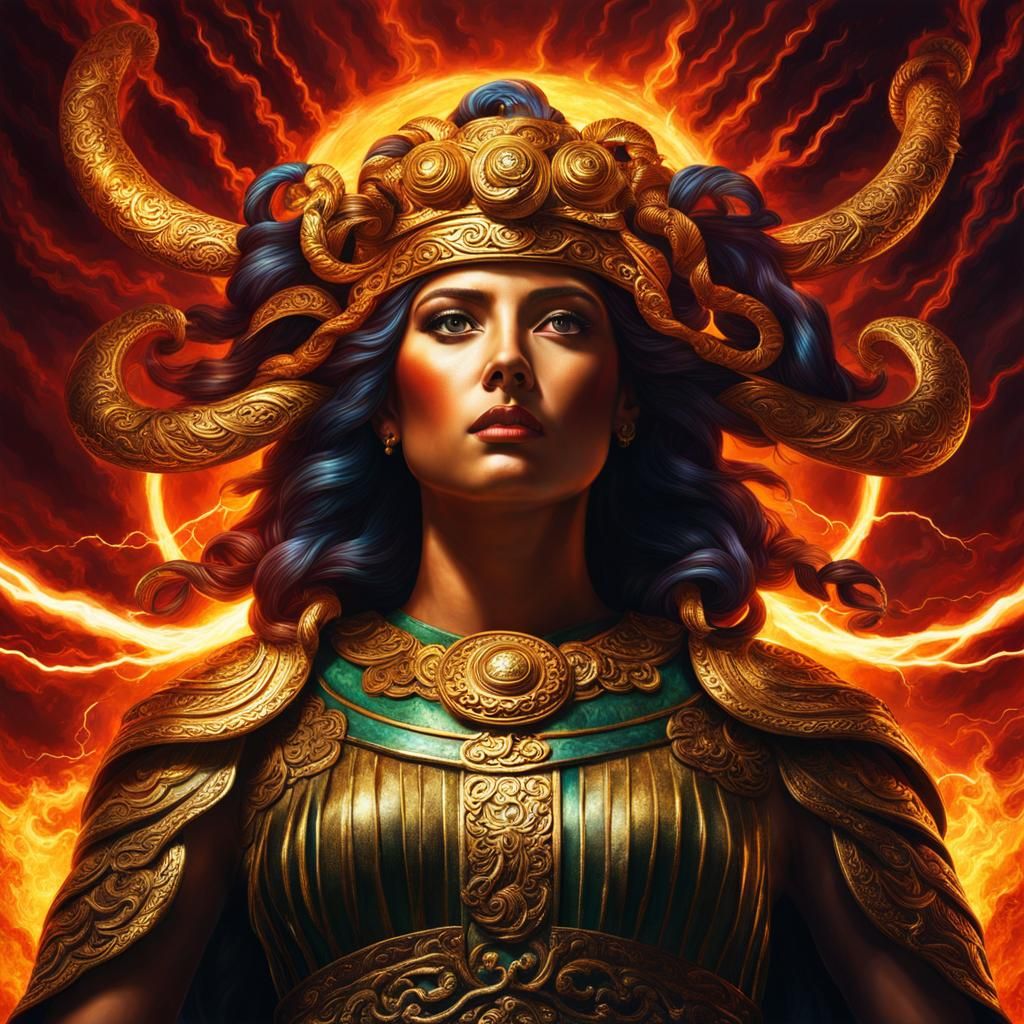 Athena Curses Medusa in Dramatic Action Painting