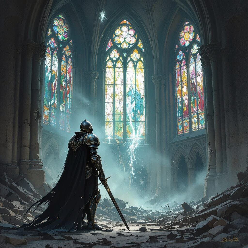 Android Knight in Ruined Gothic Cathedral, Mystical Energy