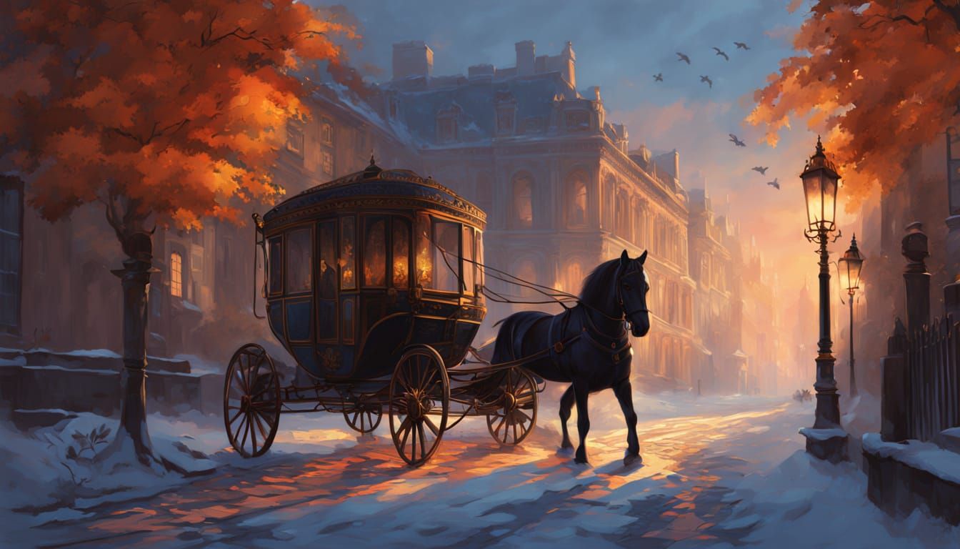 Victorian Carriage in Winter Sunset Oil Painting