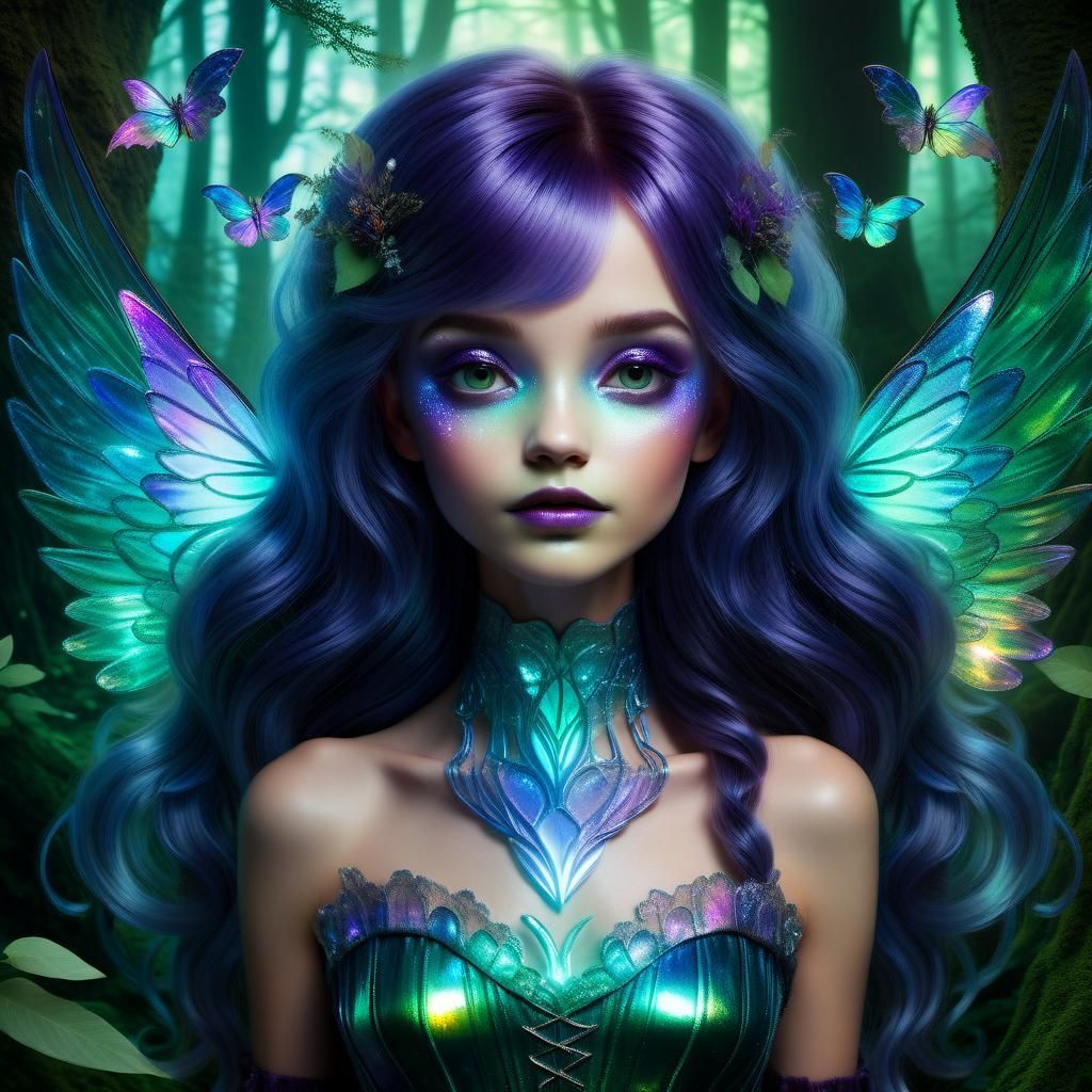 Fae in Enchanting Forest with Iridescent Hues