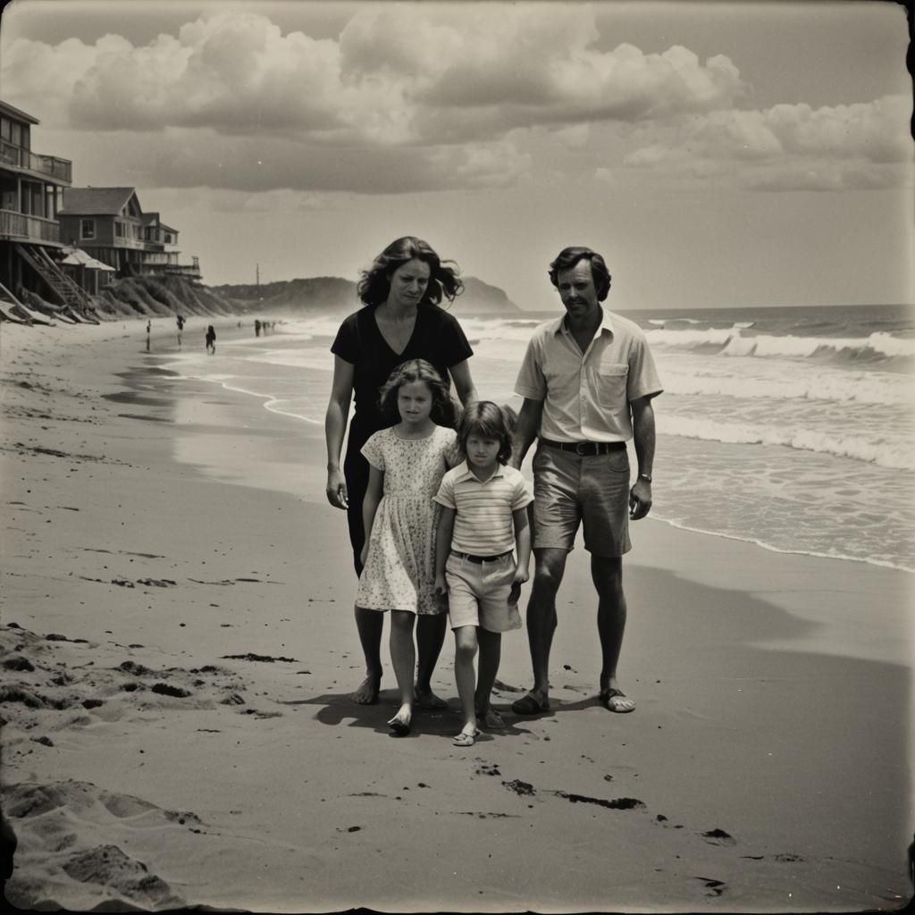 1970’s black and white Polaroid photograph of a family on th...