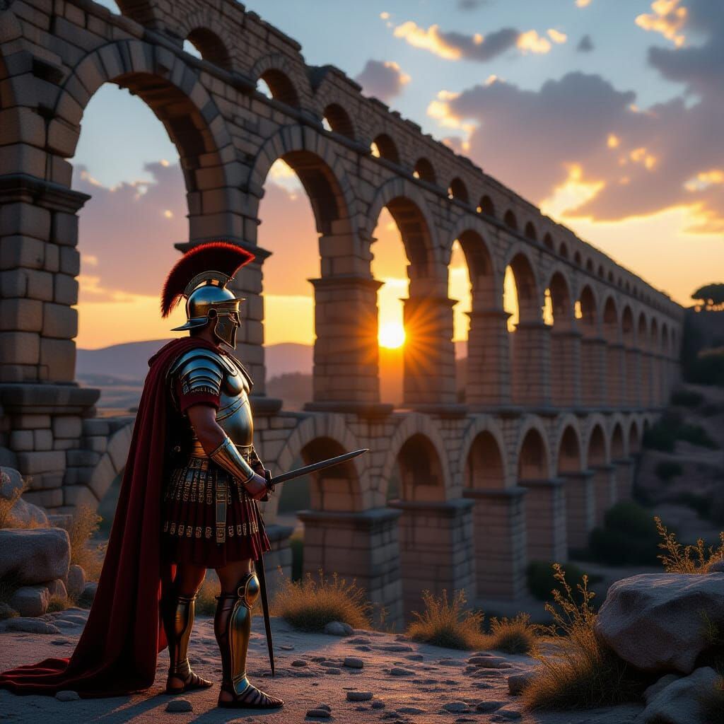 Roman Legionary Guards Crumbling Aqueduct at Dawn