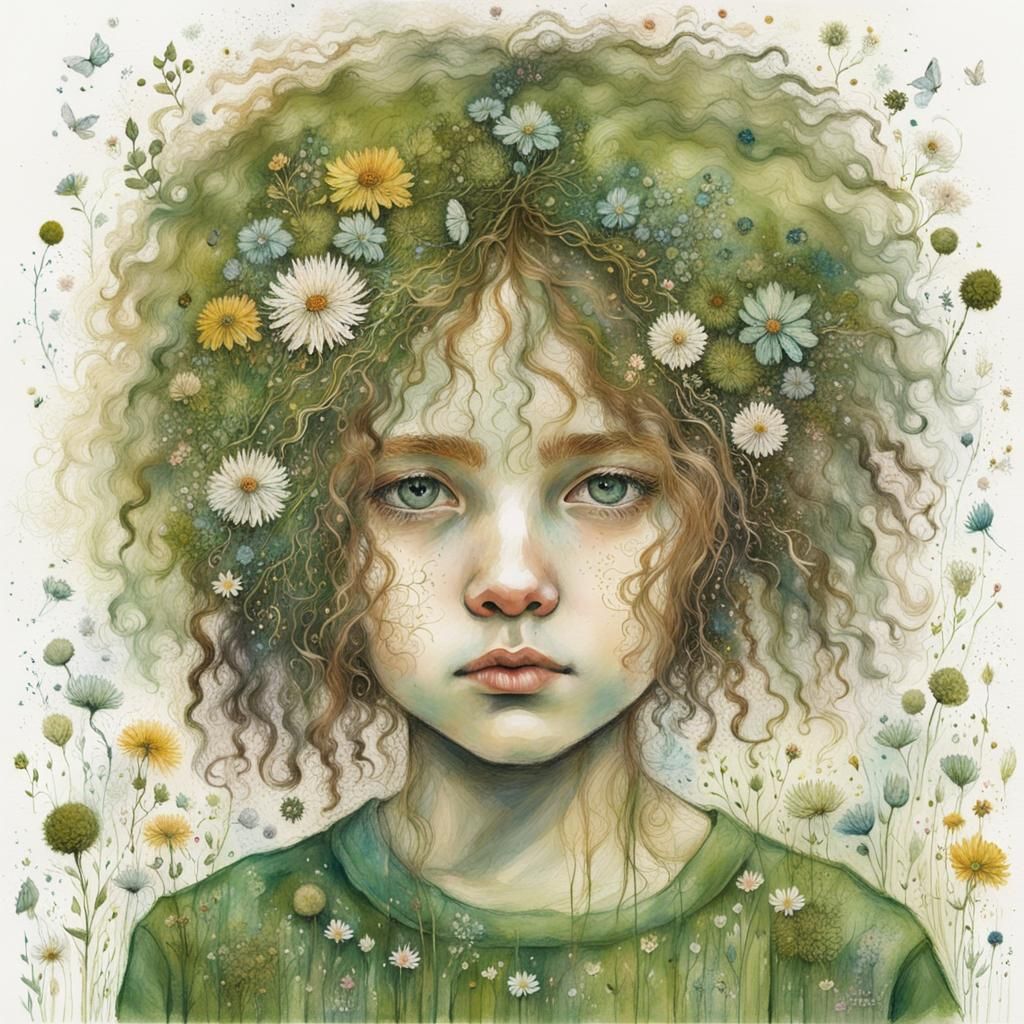 Earth Goddess with Floral Hair, Intricate Digital Art