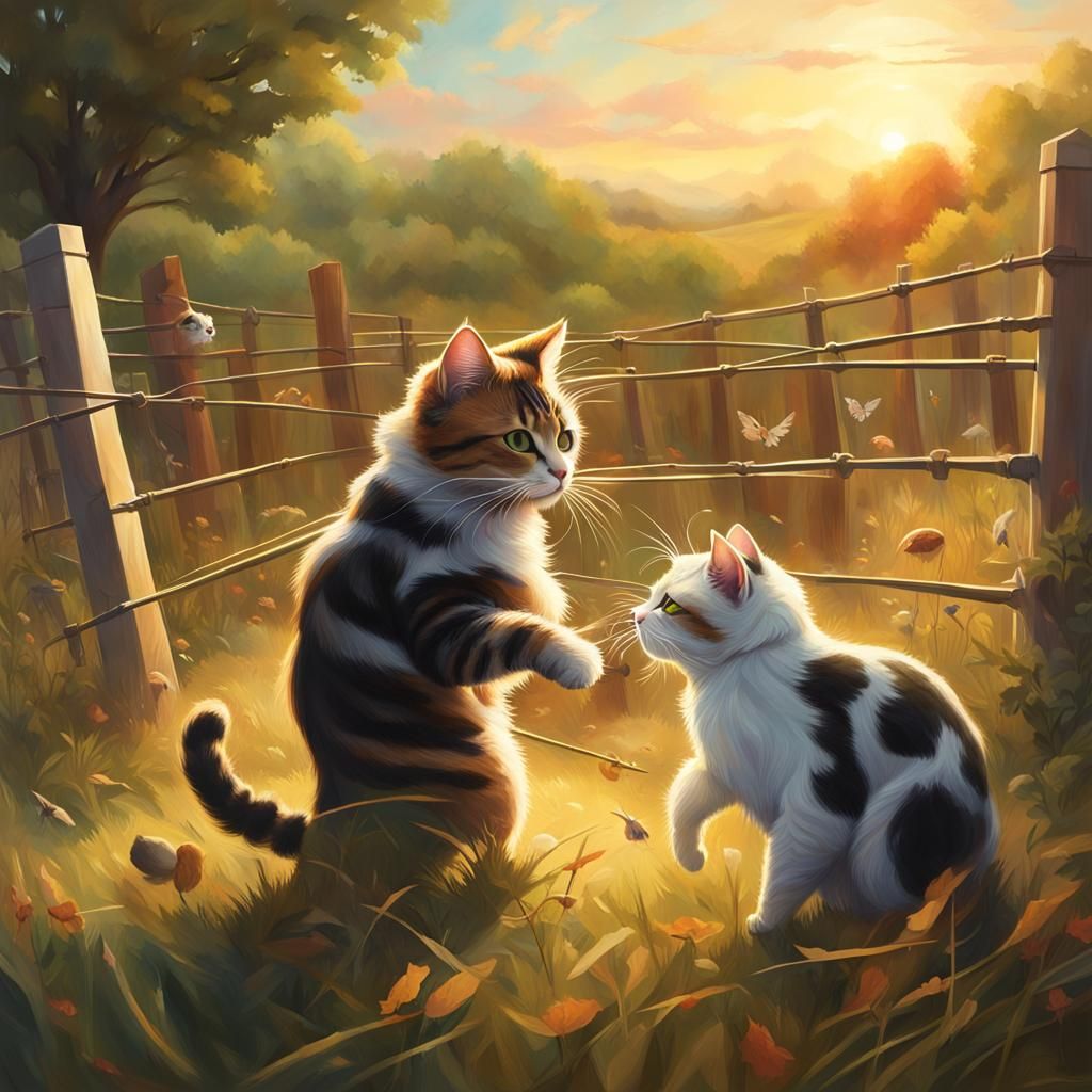 Hyperrealistic Cats Fencing in Field