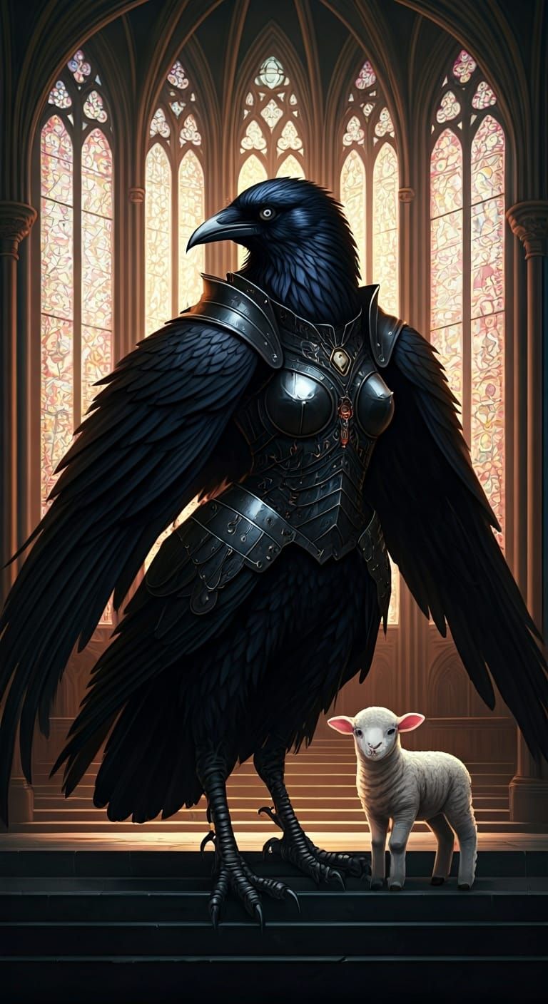 Gothic Raven-Woman Guardian in Cyberpunk Cathedral