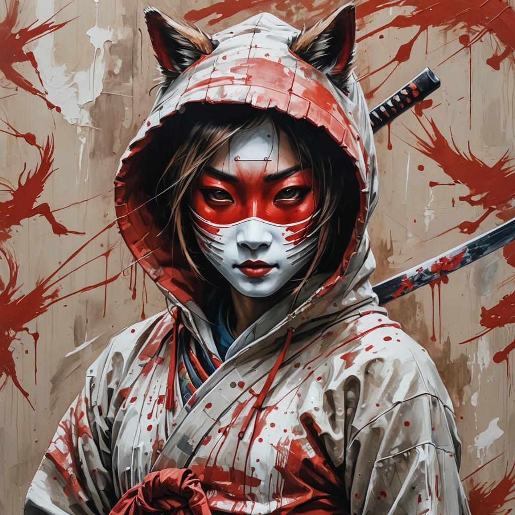 Mysterious Geisha Samurai in Vibrant Kitsune Mask