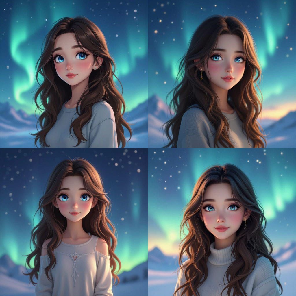 Young Girl Gazes at Northern Lights in Anime Art Style