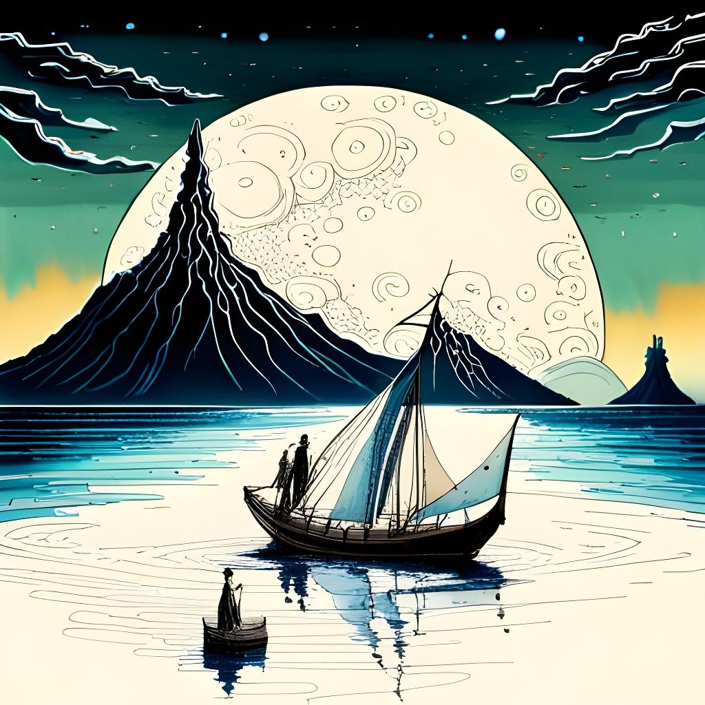 Volcano at Sea: Art Deco Illustration in Blue Ink