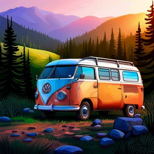 Hyperrealistic Hippie Van in Mountain Landscape