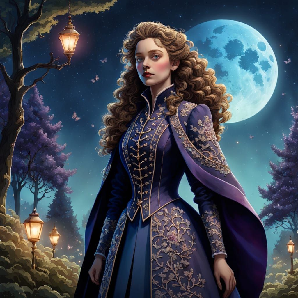 Ethereal Victorian Lady in Whimsical Moonlit Park