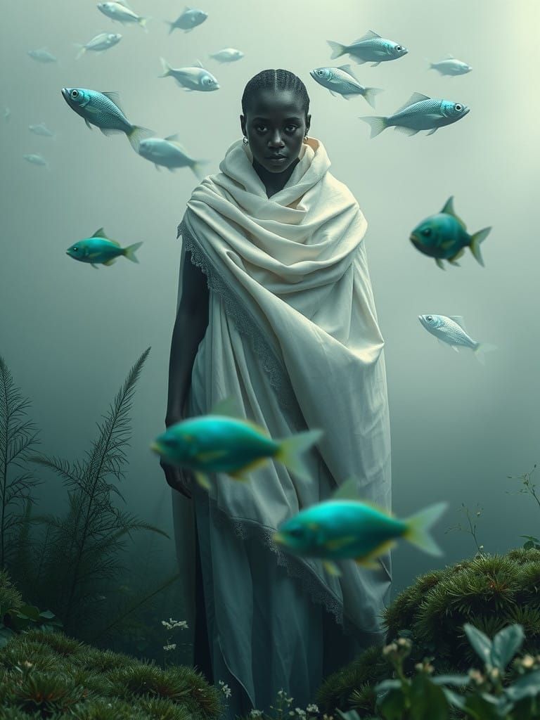 Serenely Enveloped Woman in Eerie Fog