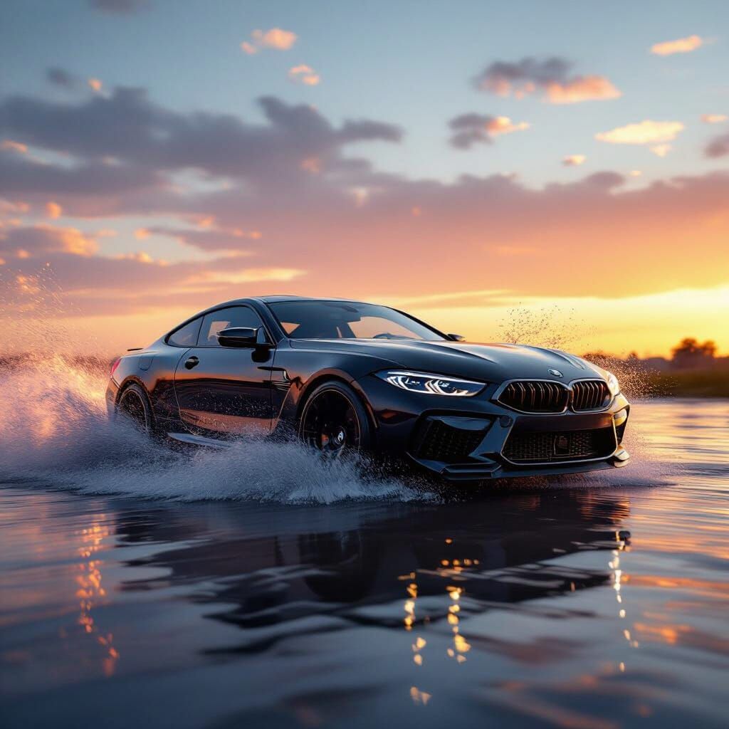 BMW Sports Car Speeds Through Water in Golden Hour