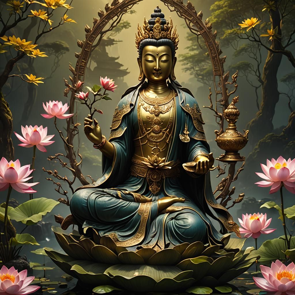 Bronze and Gold Avalokiteśvara on Lotus Flower